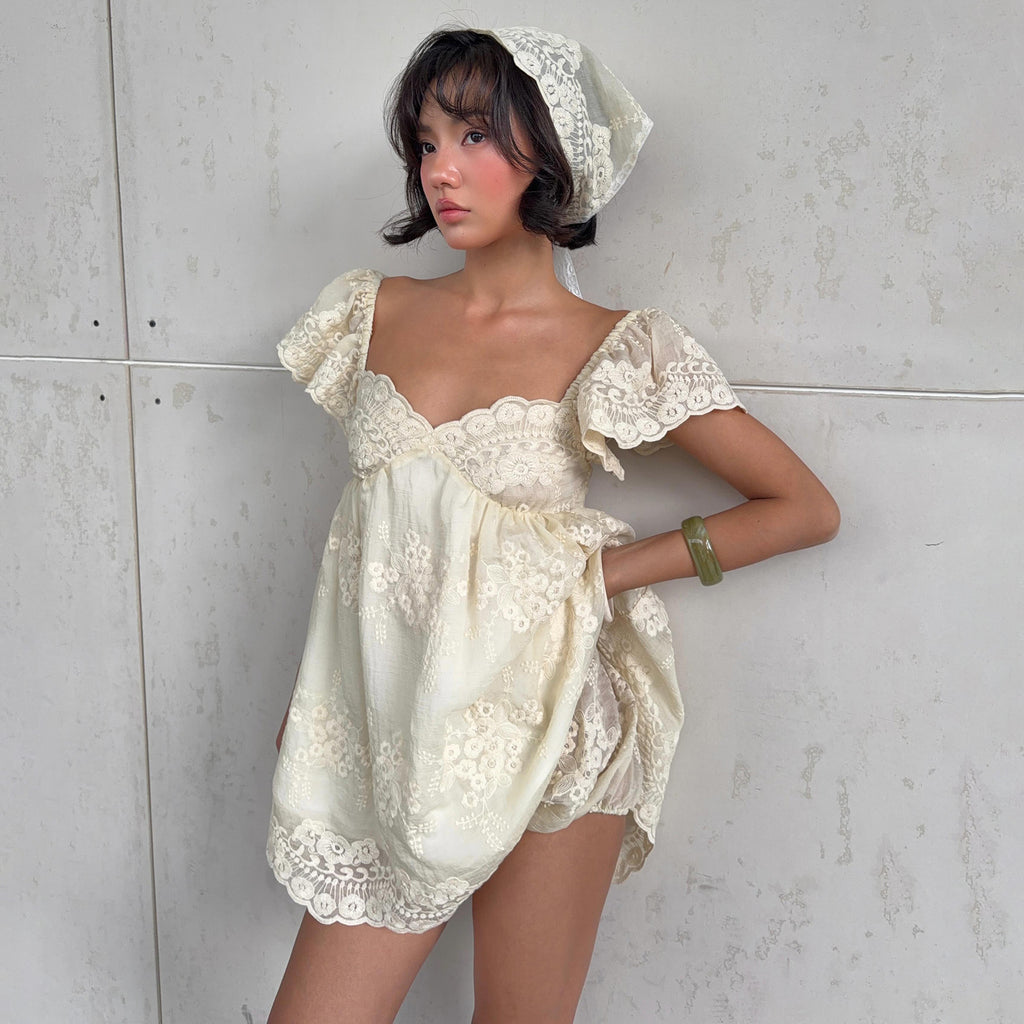 Women Clothing Summer Lace Embroidered Loose Puff Sleeves Sweet Elegance Dress