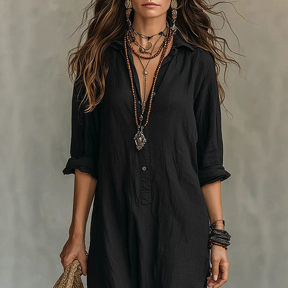 Vestido elegante para mujer con cuello camisero y abertura