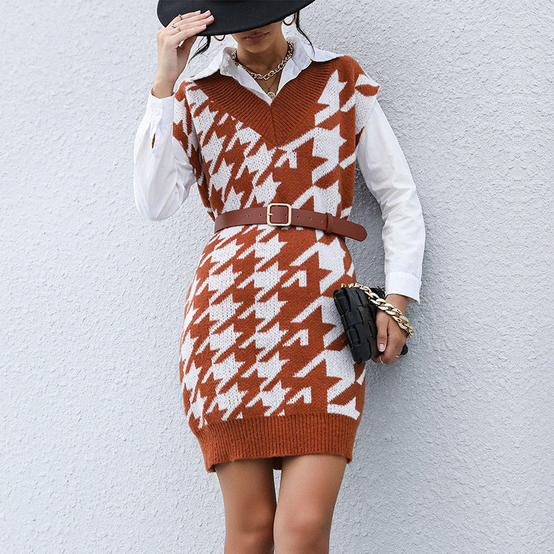 Women Wear Casual Long Sleeve Houndstooth Fall Winter Sweater Dress Outer Wear