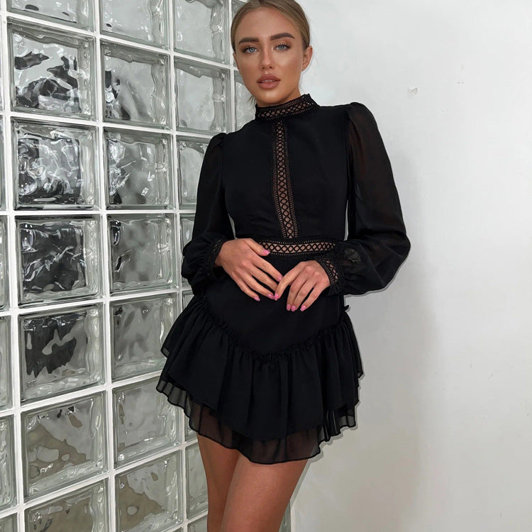 Vestido de gasa con diseño ahuecado para mujer, cuello alto, manga larga, cintura alta, corte A
