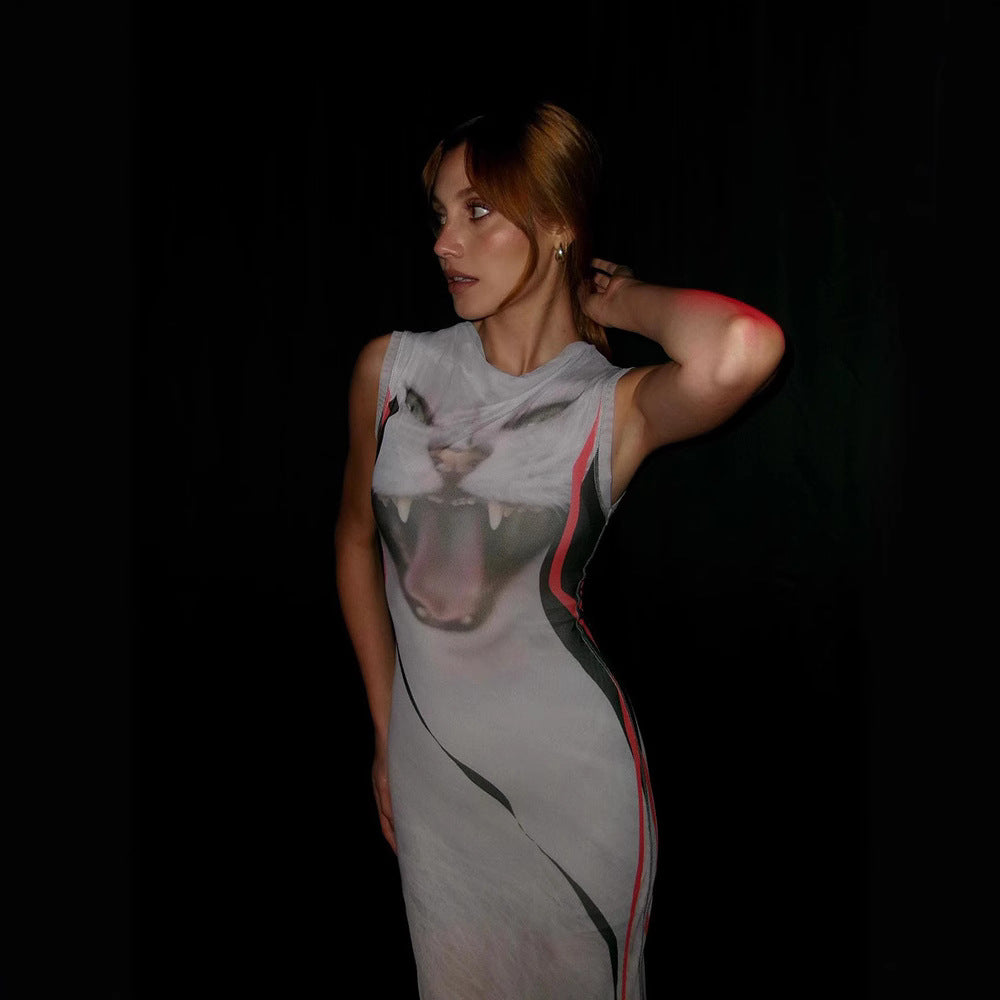 Robe fourreau imprimée personnalisée haut de gamme à col rond et sans manches pour femme