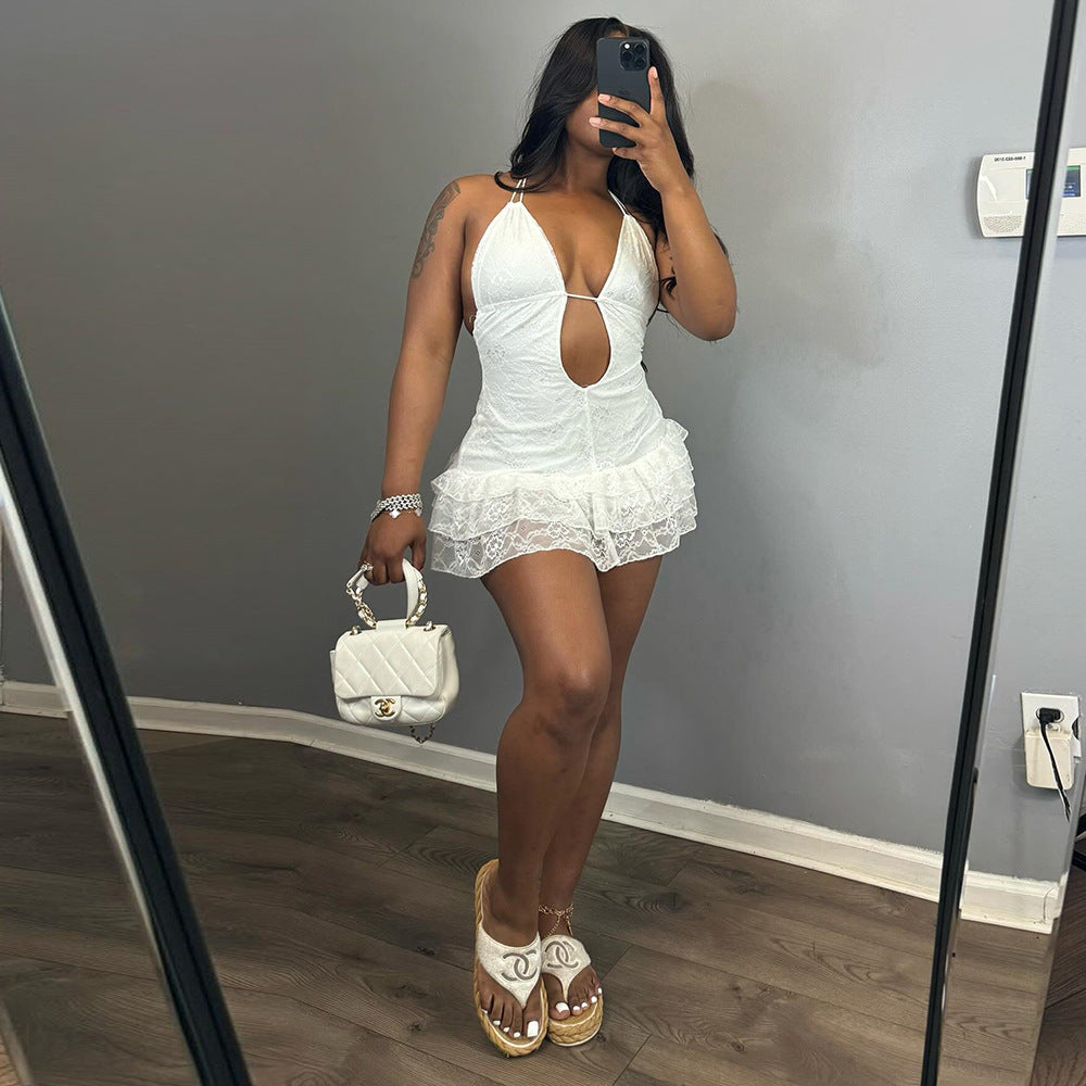 Sexy Women Clothing Dress Autumn Lace up Lace Cake Type Backless Sexy