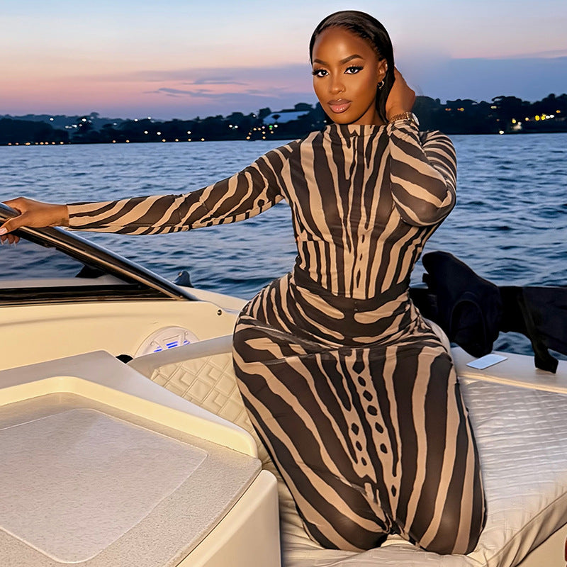 Robe longue imprimée pour femme, col rond, manches longues, motif noir, coupe ajustée, décontractée, idéale pour les vacances en bord de mer