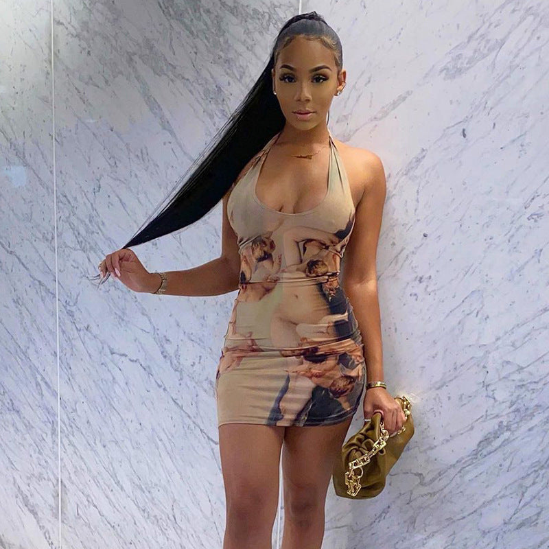 Hip Sexy Fried Street Print Halter Backless Cinched Sleeveless Fashionable Dress