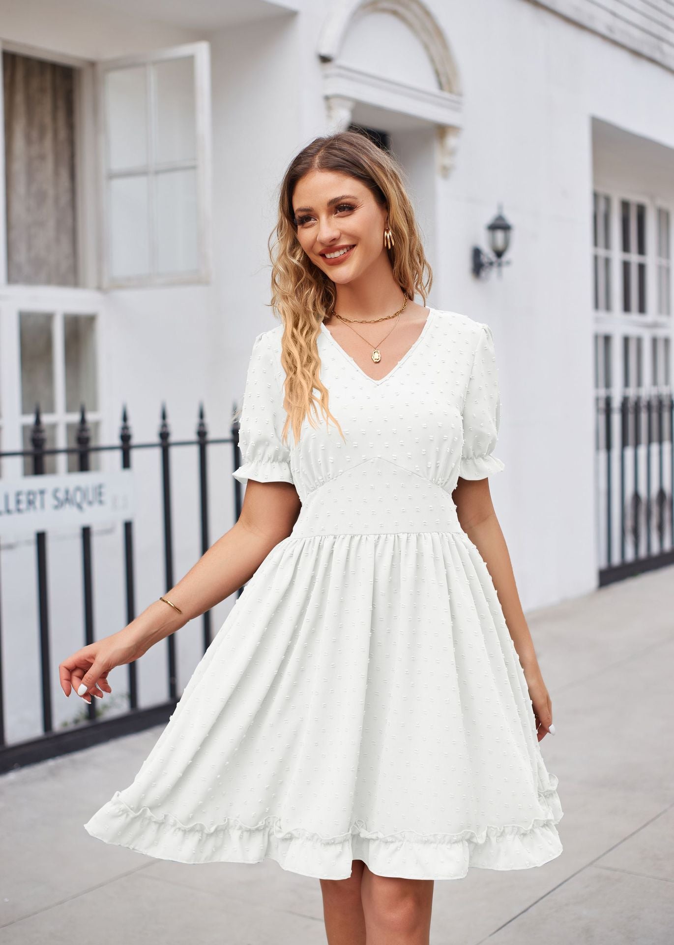 Summer Women Clothing Jacquard V neck Tight Waist Beach Elegant Dress