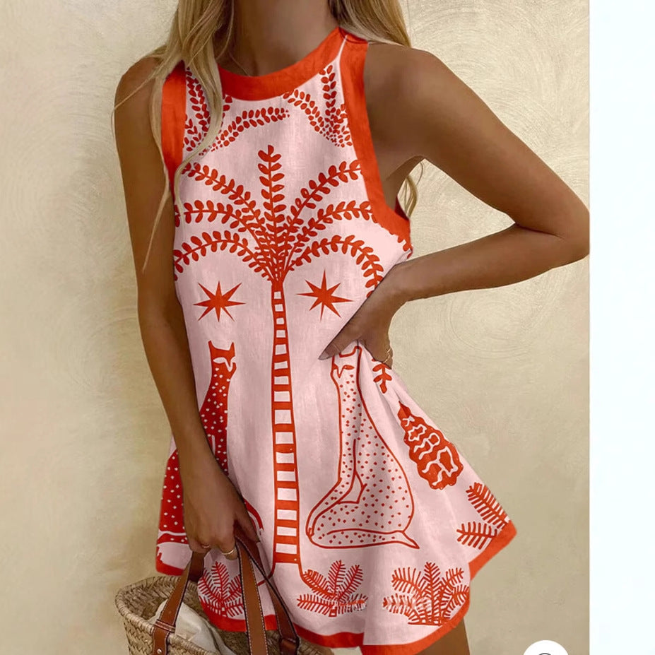 Printed Linen Sleeveless Mini Dress Women