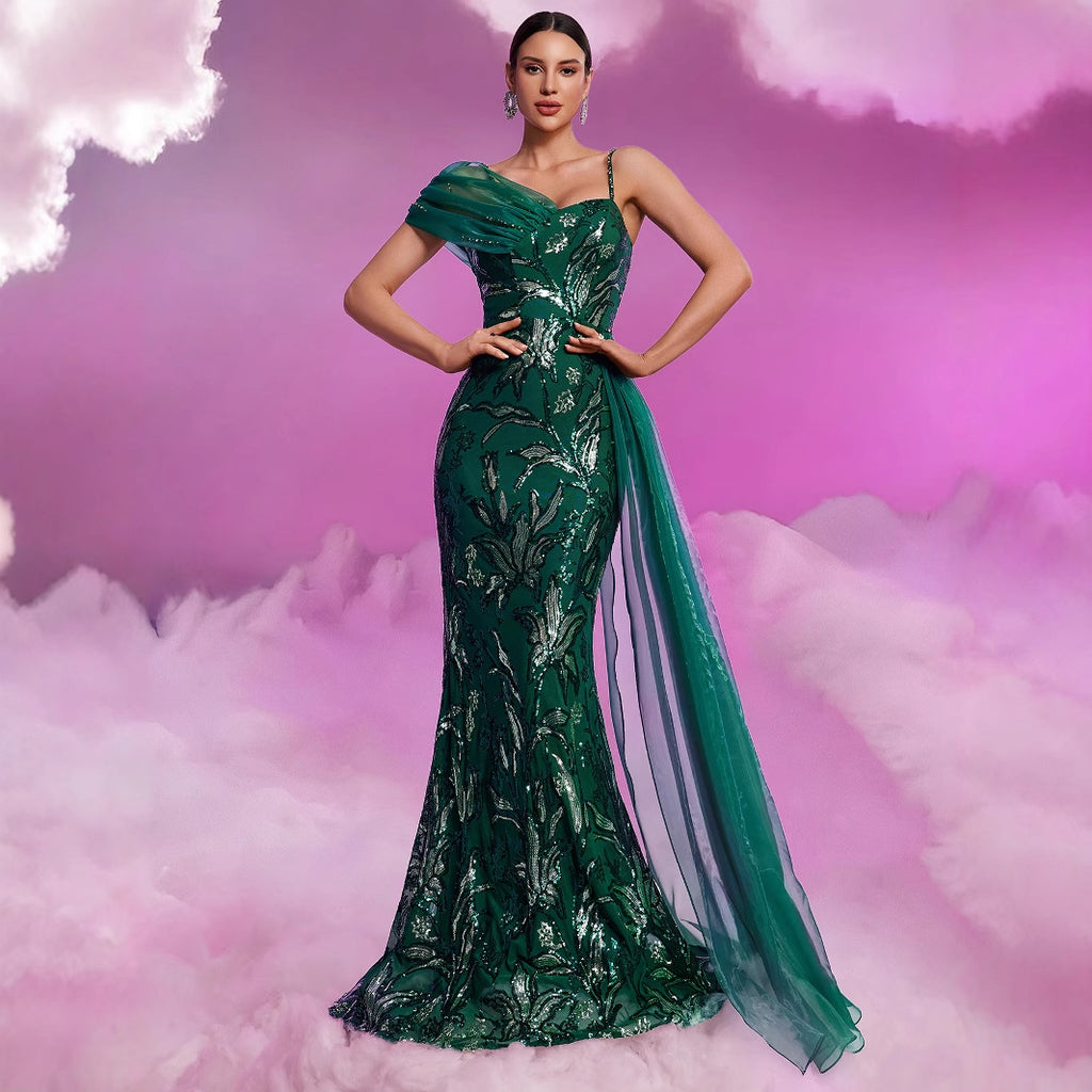Elegante vestido de cóctel formal para cena con escote en V y cinta de lentejuelas