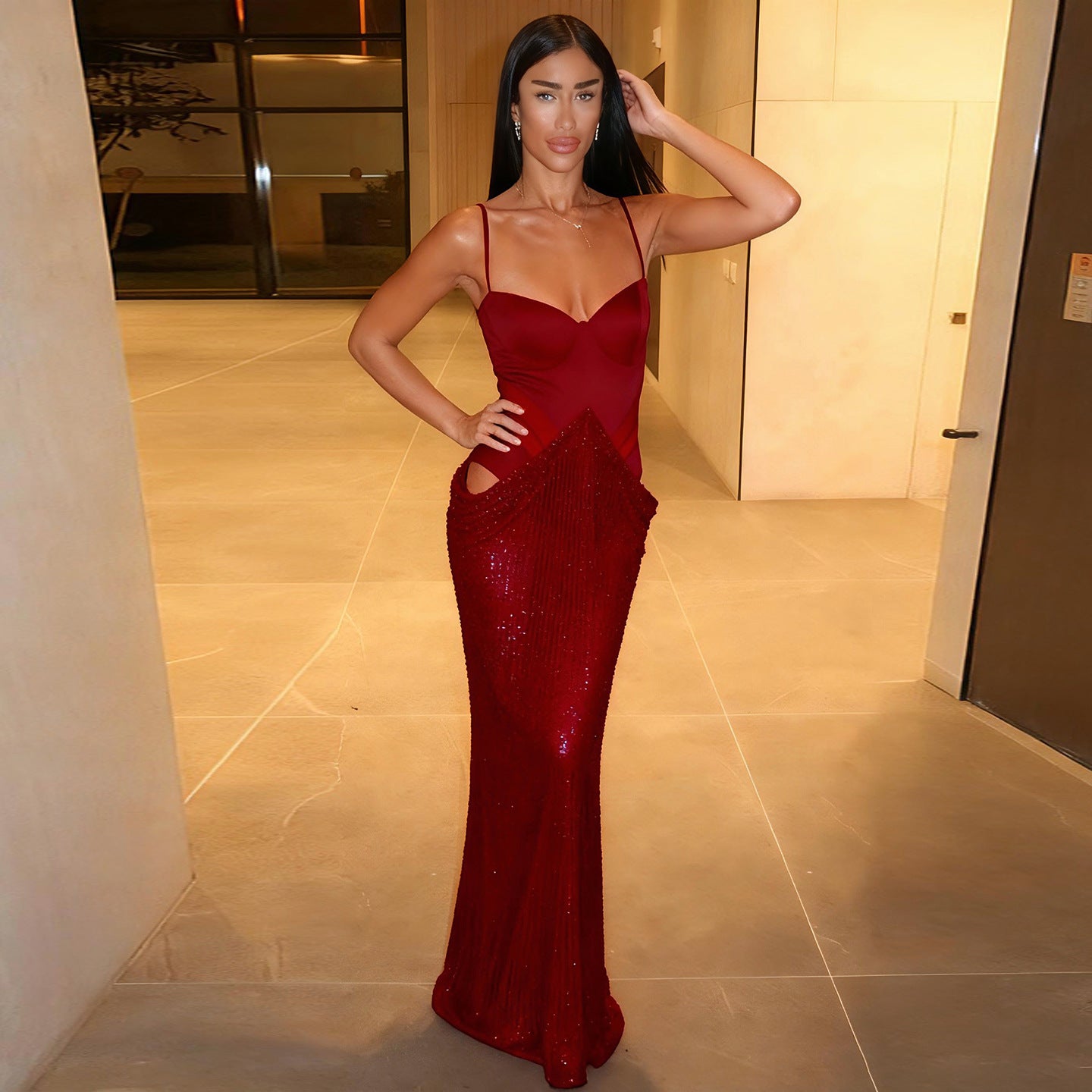 Elegante y elegante vestido de cóctel para mujer, con lentejuelas, abertura en el pecho, corsé, traje corto, vestido con aberturas.