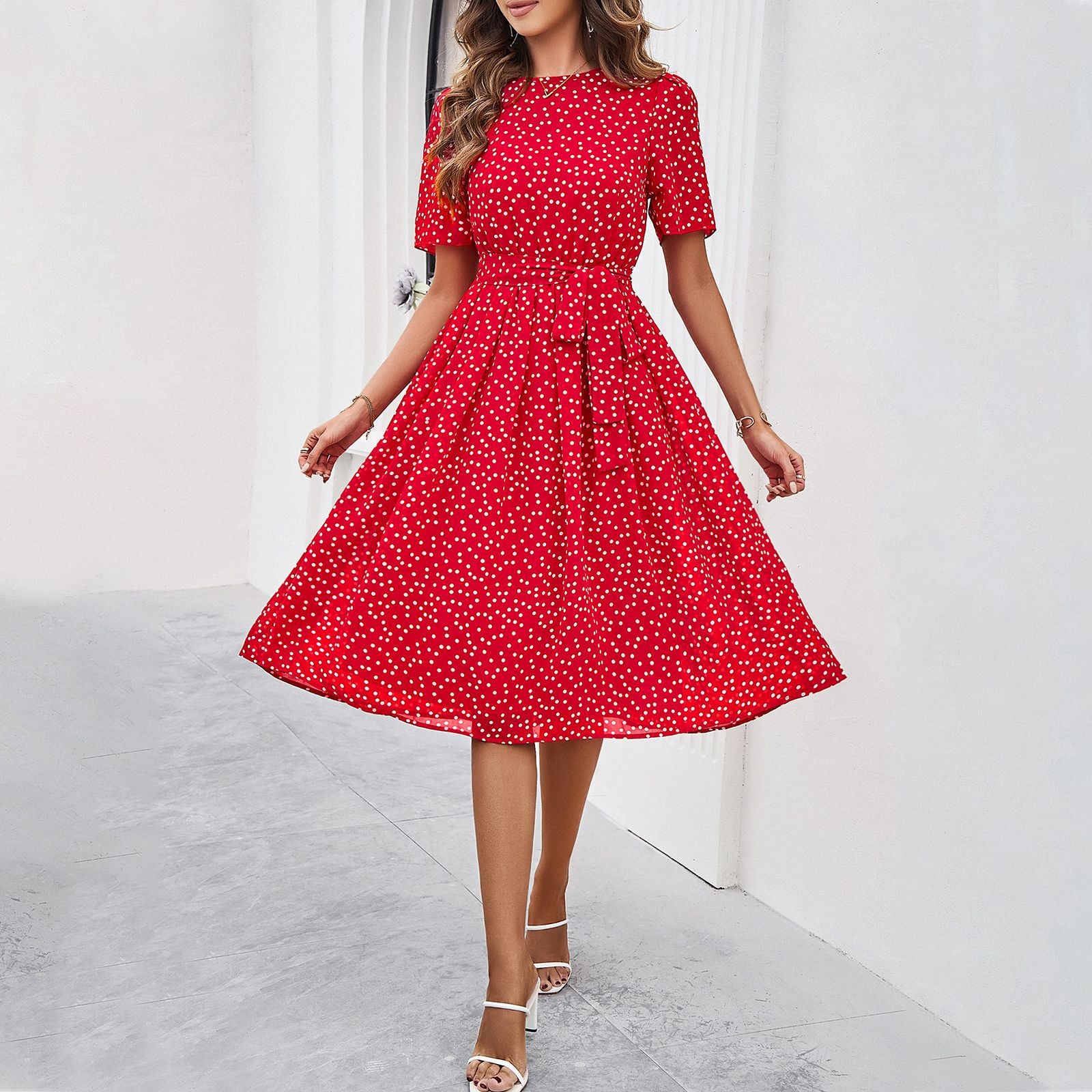 Women Spring Summer Casual Polka Dot Printed Dress