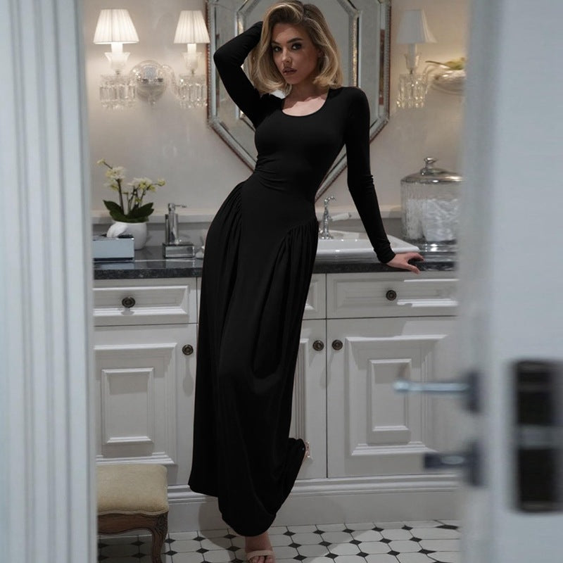 Robe d'automne pour femme, col en U, couleur unie, manches longues, taille cintrée