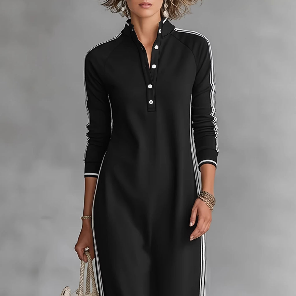 Robe longue Femme Simple Col Passepoil Blanc Décorée de Boutons Robe Pull