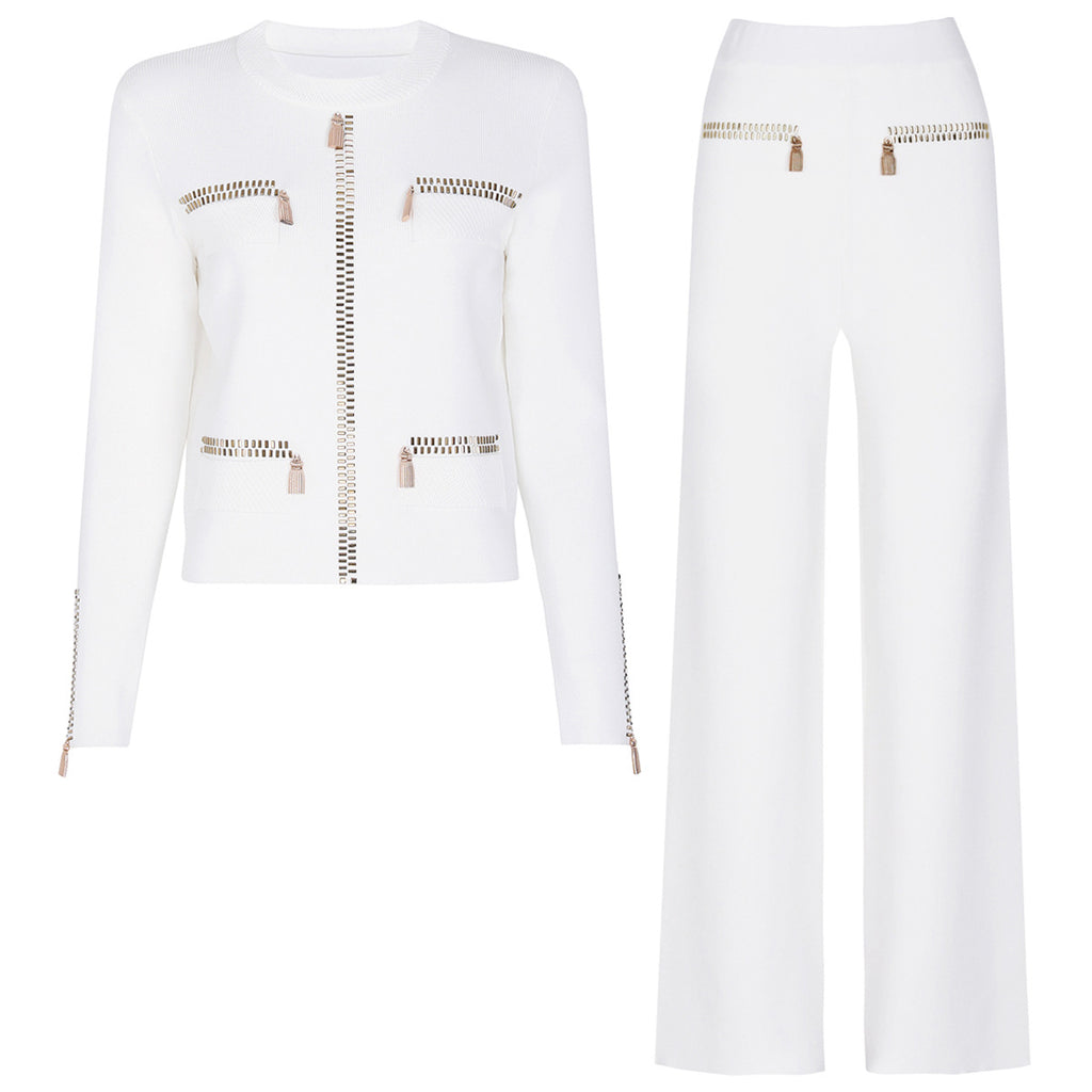 Conjunto de dos piezas de chaqueta y pantalones informales de punto con red de diamantes de imitación para primavera y otoño