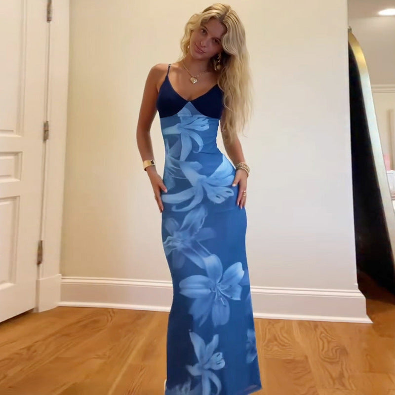 Women Wear Printed Mesh Sexy V neck Contrast Color Long Slim Strap Dress Women
