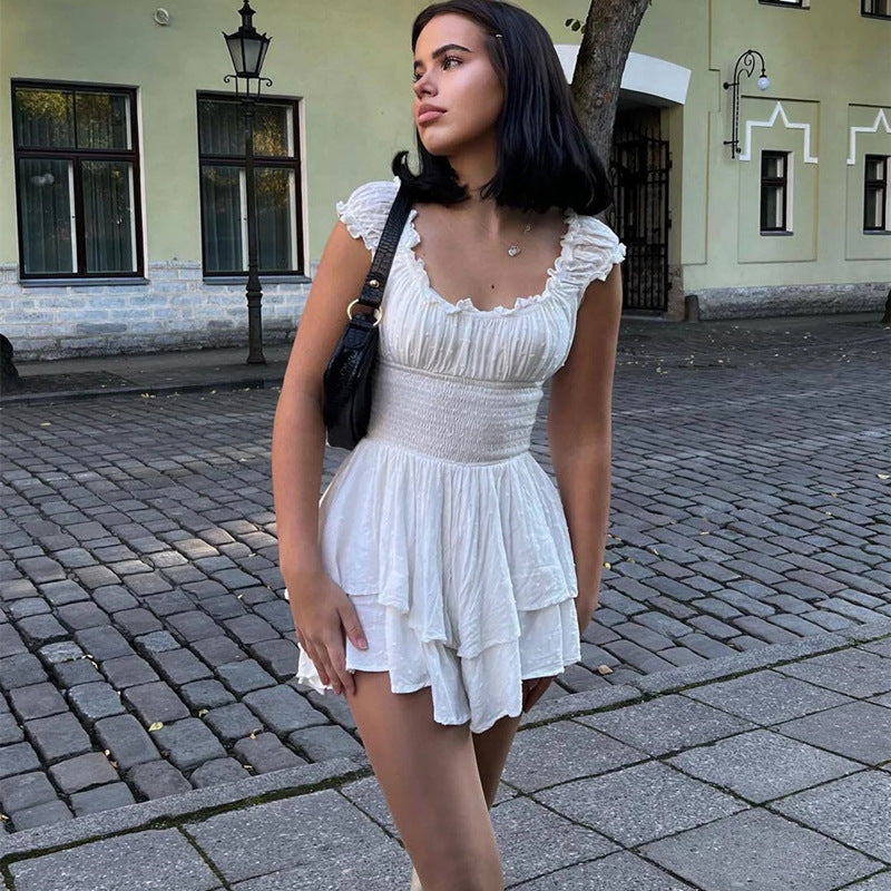 Women Summer Dress Wooden Ear MiuMiu Bag Sleeve Cinched Bodycon Irregular Asymmetric Hem Tiered Dress