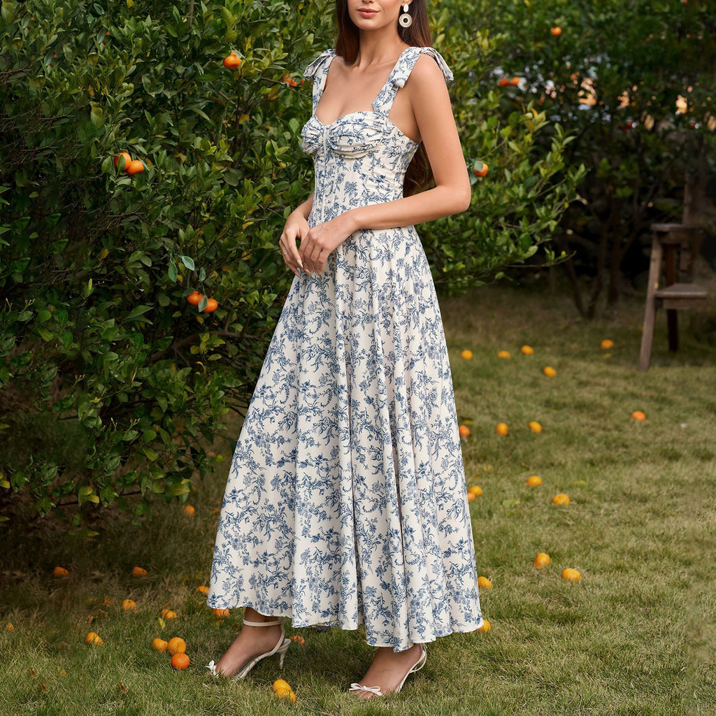 Summer Four Sided Stretch Printing Slip Dress Dignified Goddess Backless Waist Trimming Lace up Boning Corset Dress