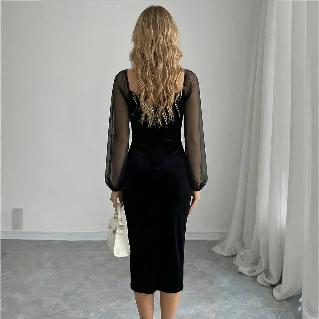 Square Collar Velvet Long Sleeves Women Lantern Sleeve Waist Slimming Mid Length Hip Dress