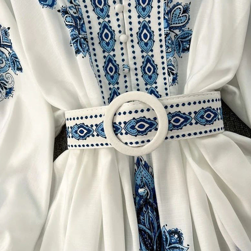 Robe bohème imprimée à manches longues et col en V pour femme, tendance printemps.
