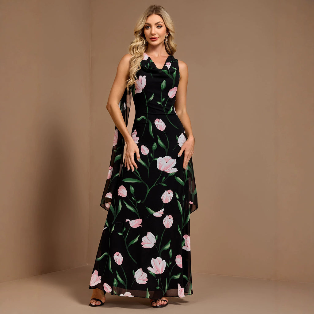 Vestido veraniego sin mangas con estampado, espalda en V grande, cuello redondo, corte en A, acampanado, con cinta, para mujer