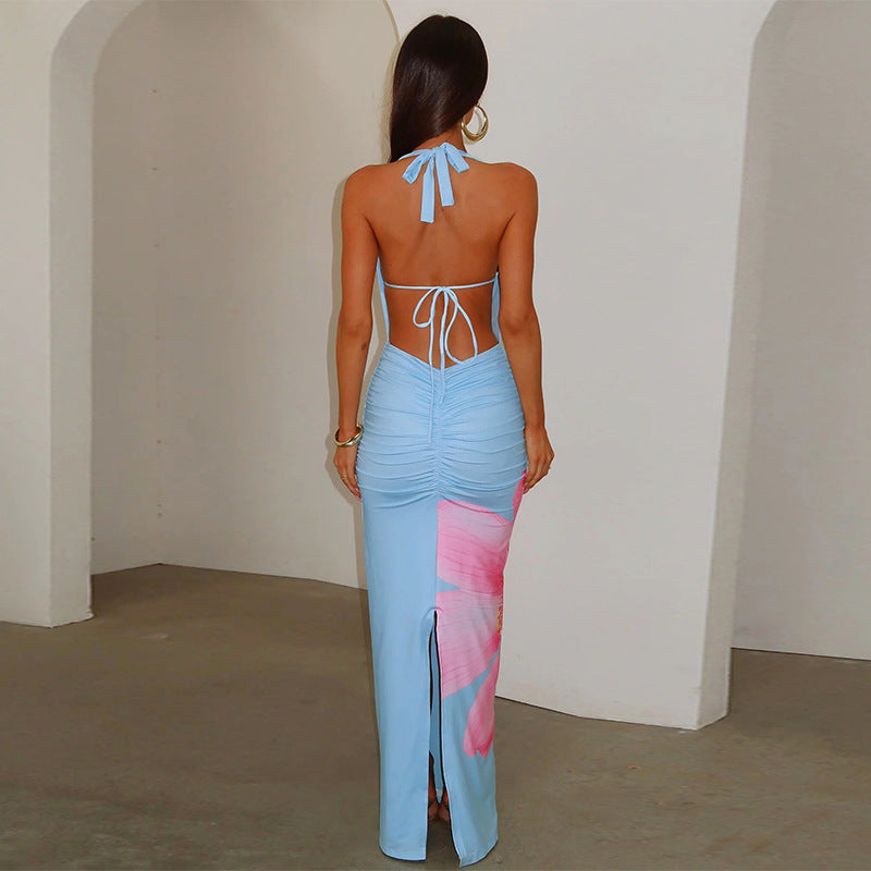 Spring Sexy Backless Slim Fit Maxi Dress Lace up Halterneck Printed Dress