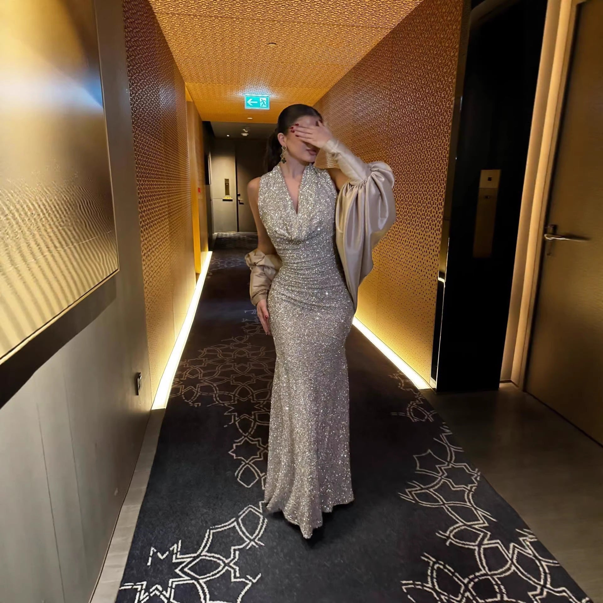 Spring Summer Women Sexy Shawl Sequin Dress Ball Dress Two Pieces