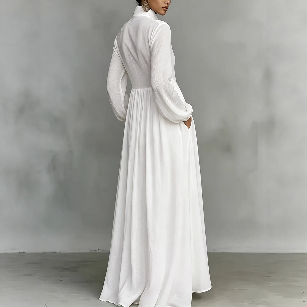 French Waist Controlled Long Sleeves Pleated Shirt Dress Pure Cotton High Quality Casual Vacation Maxi Dress