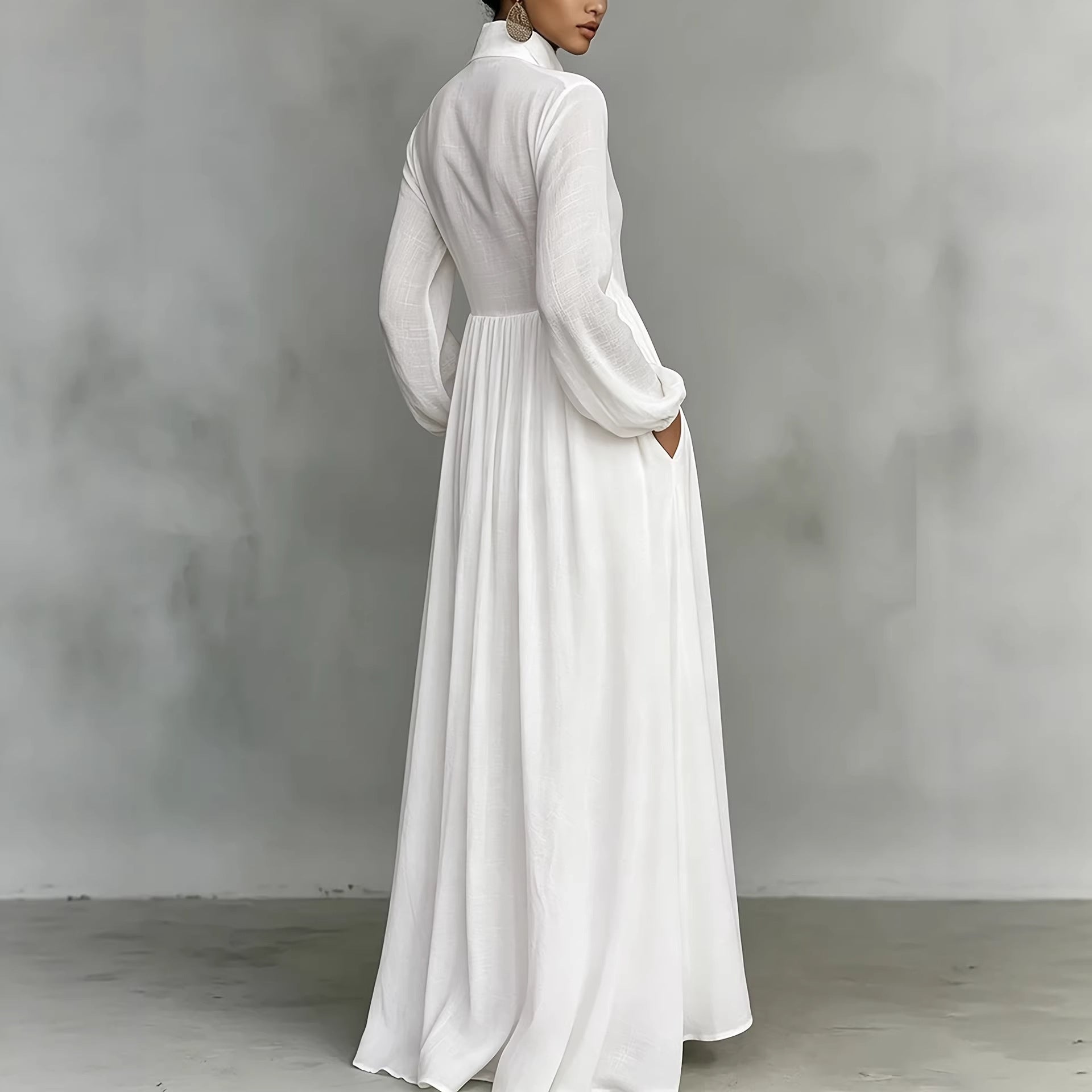 French Waist Controlled Long Sleeves Pleated Shirt Dress Pure Cotton High Quality Casual Vacation Maxi Dress