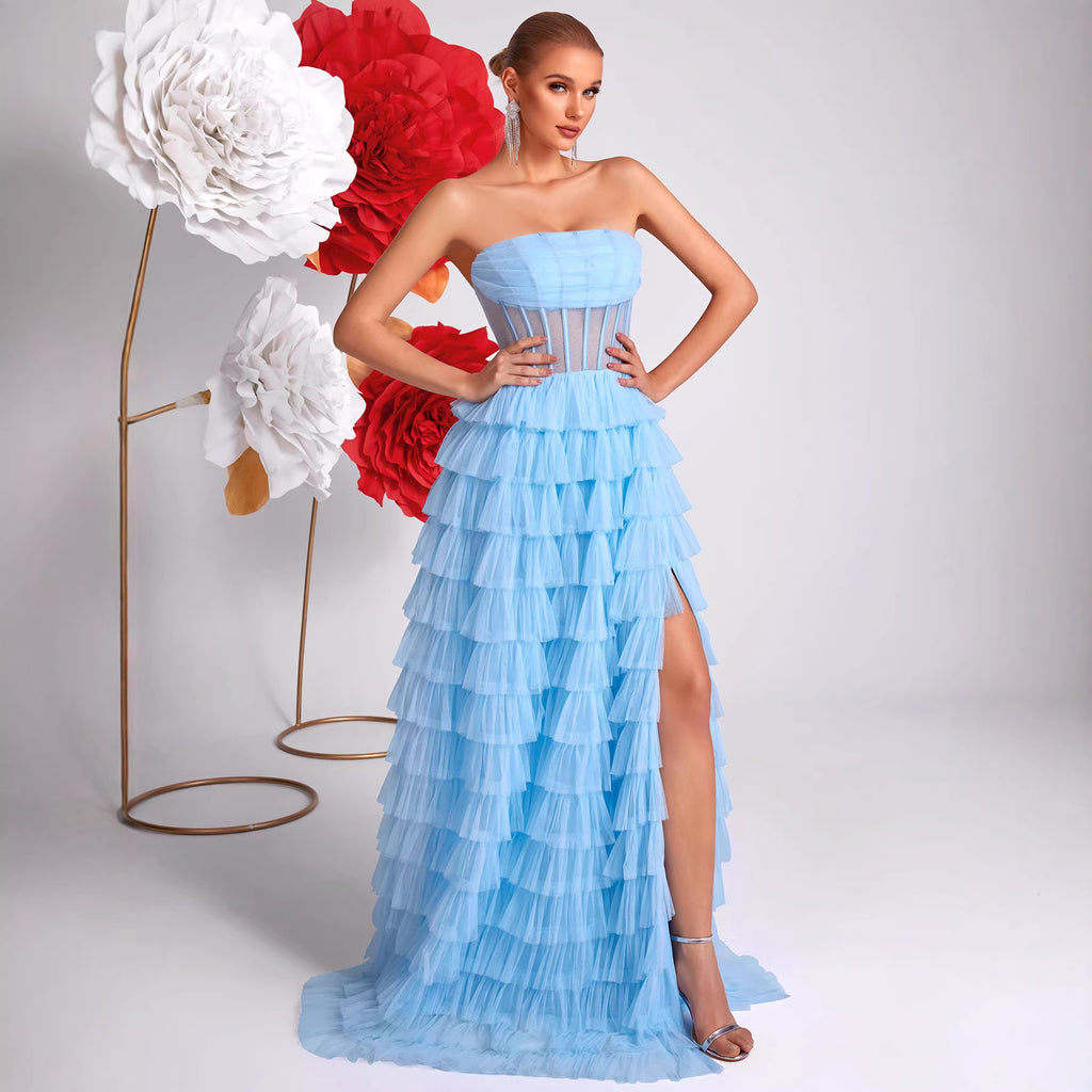 Ice Blue Strapless Evening Dress Three Dimensional Multi Layer Mesh Design See through Waist Split Cocktail Dress