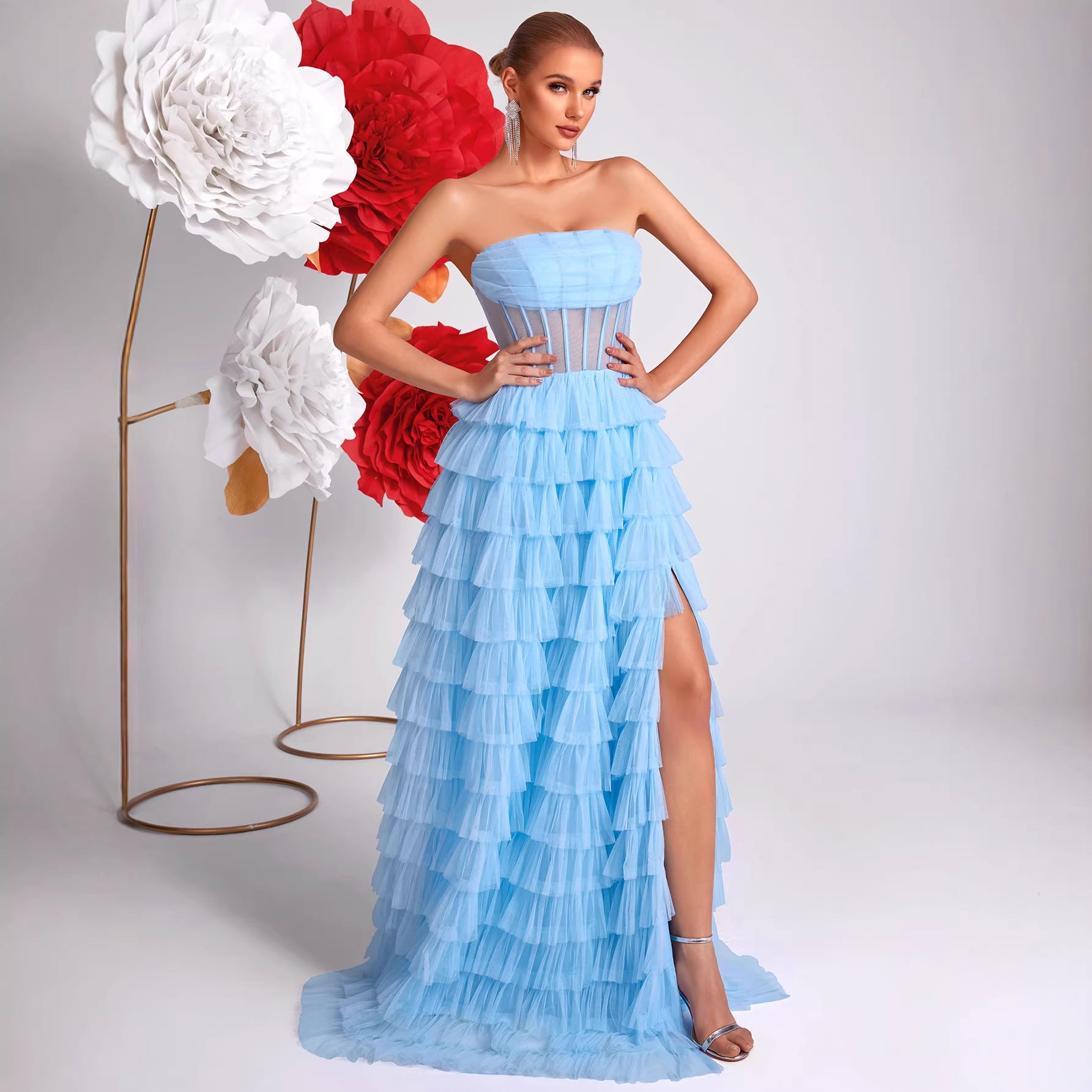 Ice Blue Strapless Evening Dress Three Dimensional Multi Layer Mesh Design See through Waist Split Cocktail Dress