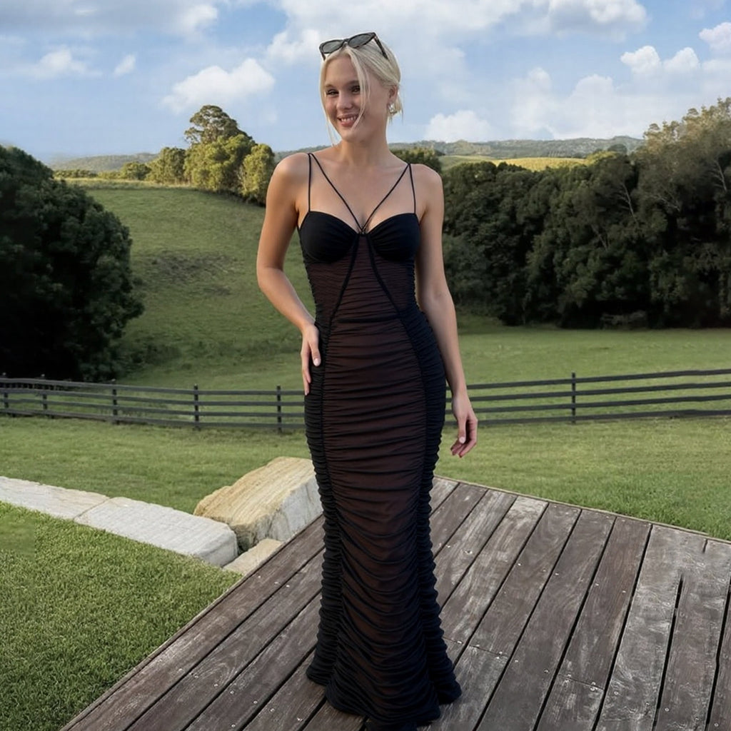 Robe élégante automne-hiver pour femme, coupe ajustée, plissée, col en V, dos nu sexy, bretelles en résille