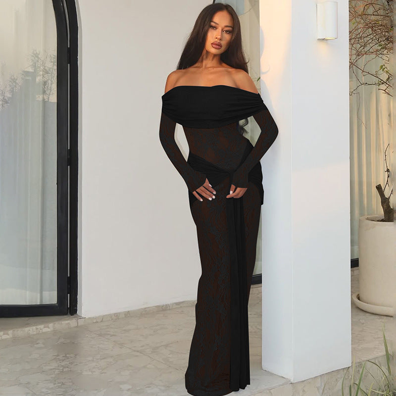 Vestido largo elegante de otoño con encaje y retazos para mujer, vestido con hombros descubiertos y manga larga con lazo.