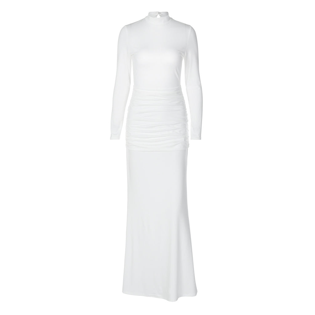 Women Clothing Autumn Solid Color Long Sleeve Slim Fit Fishtail Dress Button Backless Dress Women