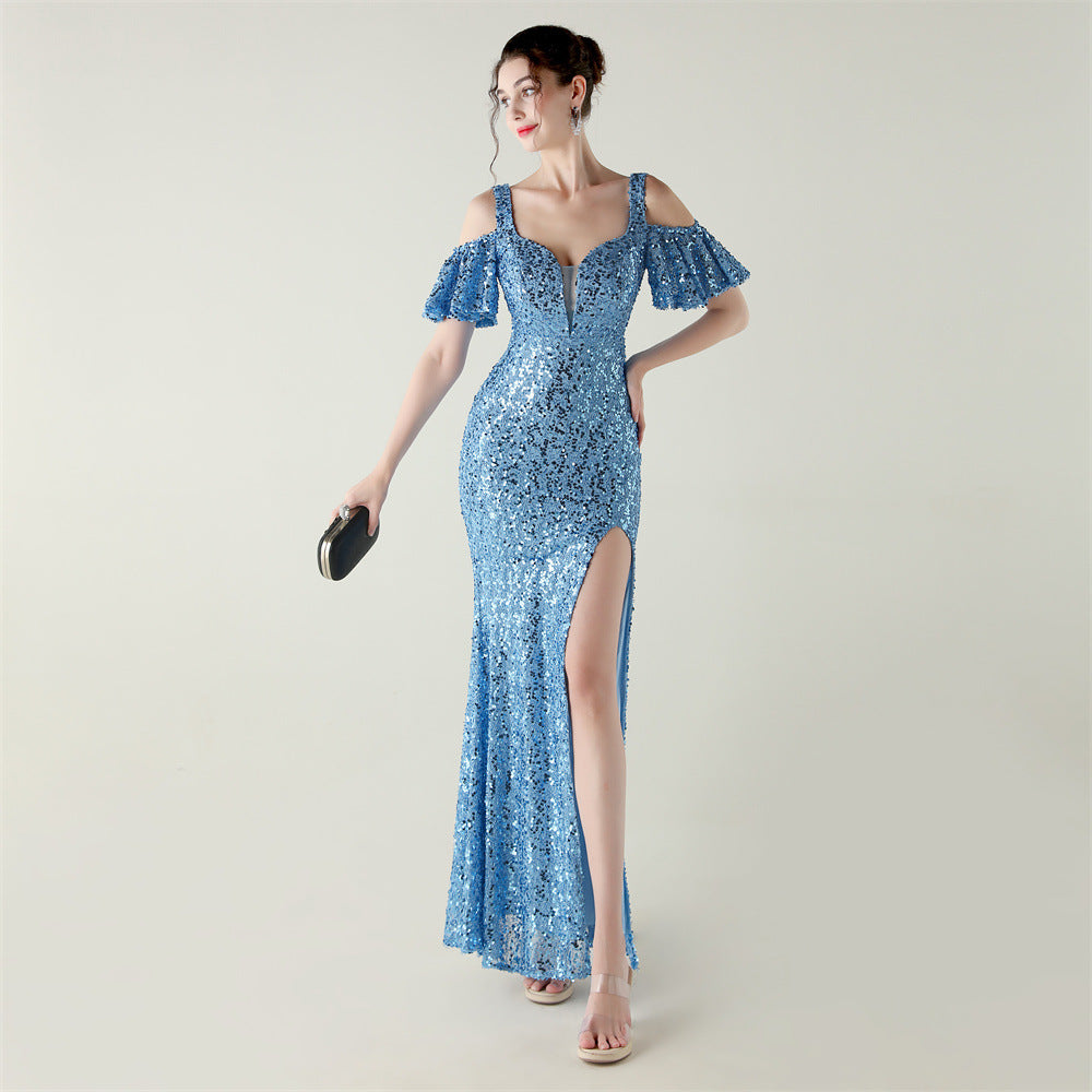 Vestido de noche de industria pesada con lentejuelas y tubo de cuentas, manga corta, hombros descubiertos, escote en V profundo, abertura alta, vestido de cola de pez, cóctel, socialité