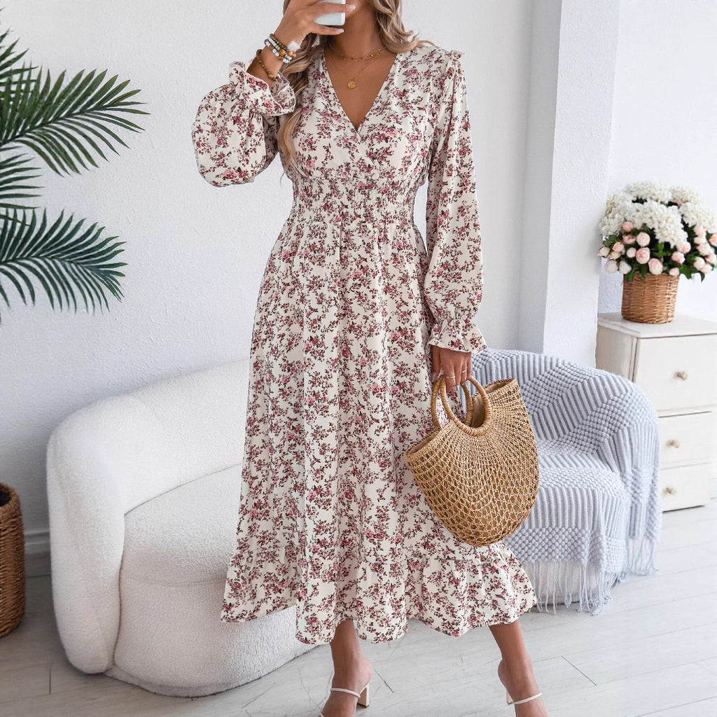 Vestido largo elegante con volantes y escote en V cruzado con flores para otoño e invierno, ropa para mujer
