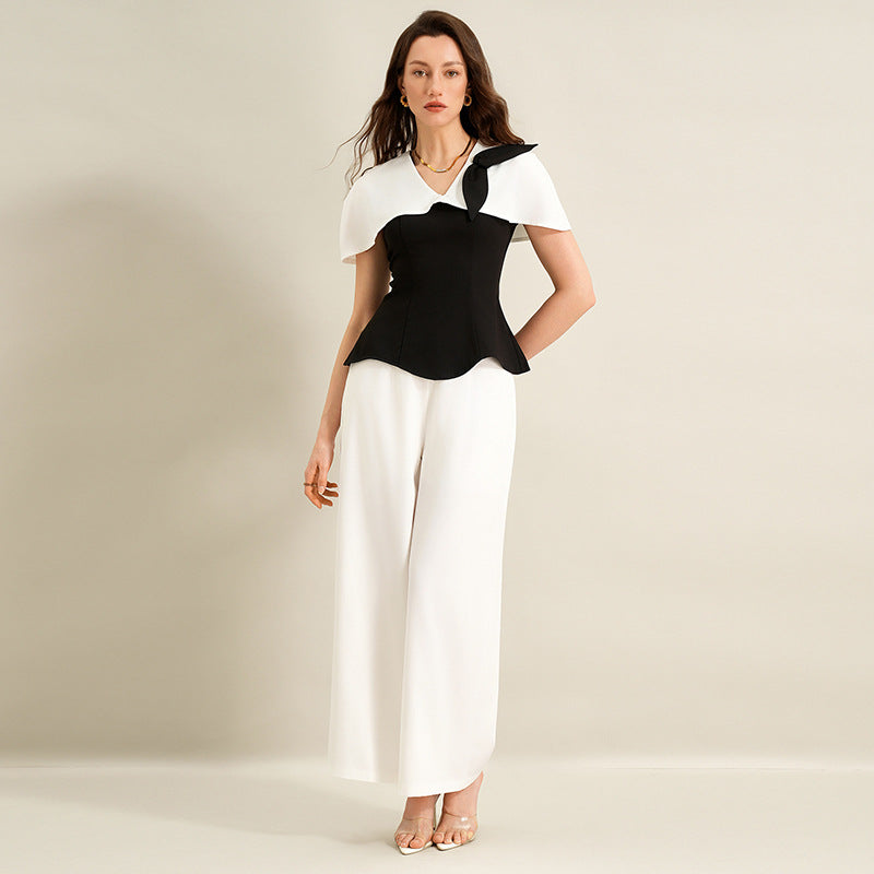 Chemise longue en jersey d'été élégante pour le bureau, coloris noir et blanc assorti, vêtements pour femmes