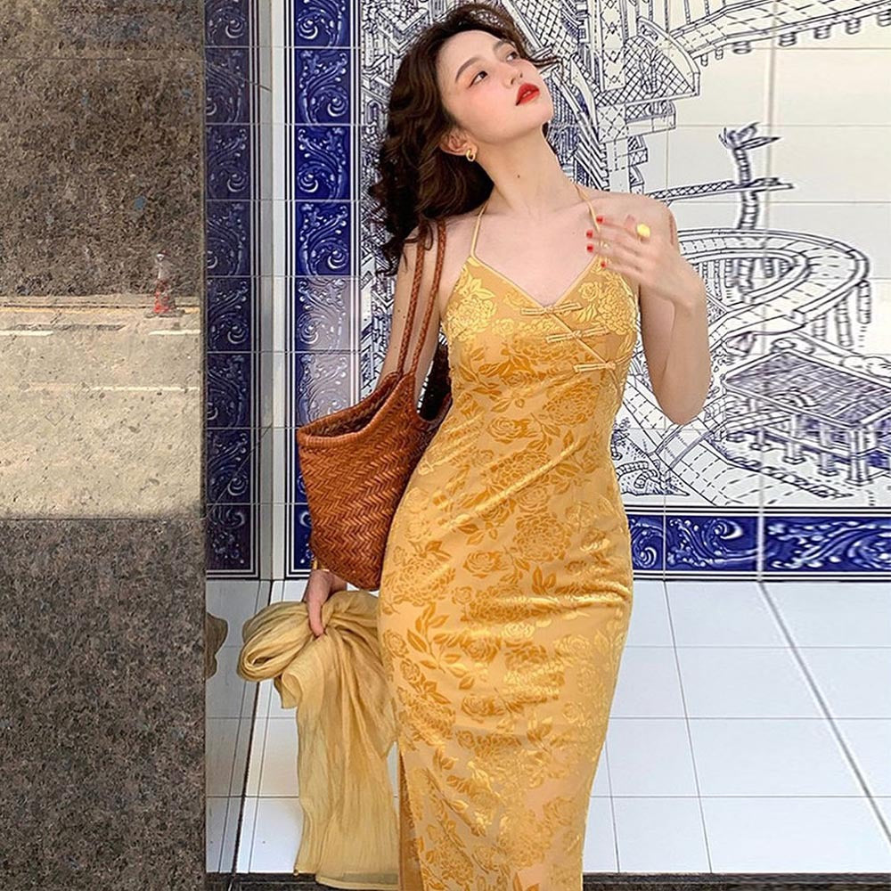 Women Clothing Spring Floral Halter Backless Office Midi Dress