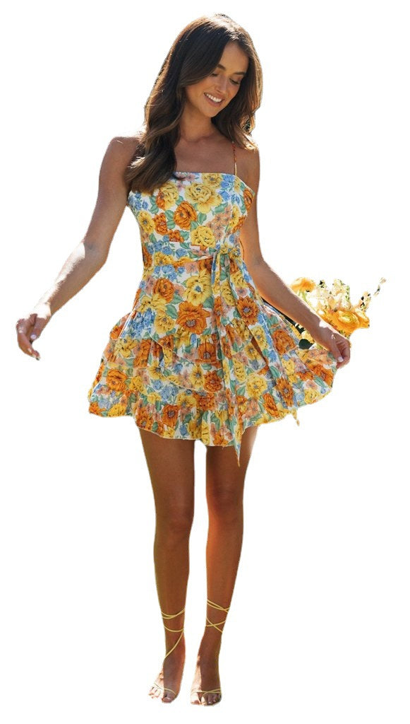 Robe courte à bretelles imprimée pour femme