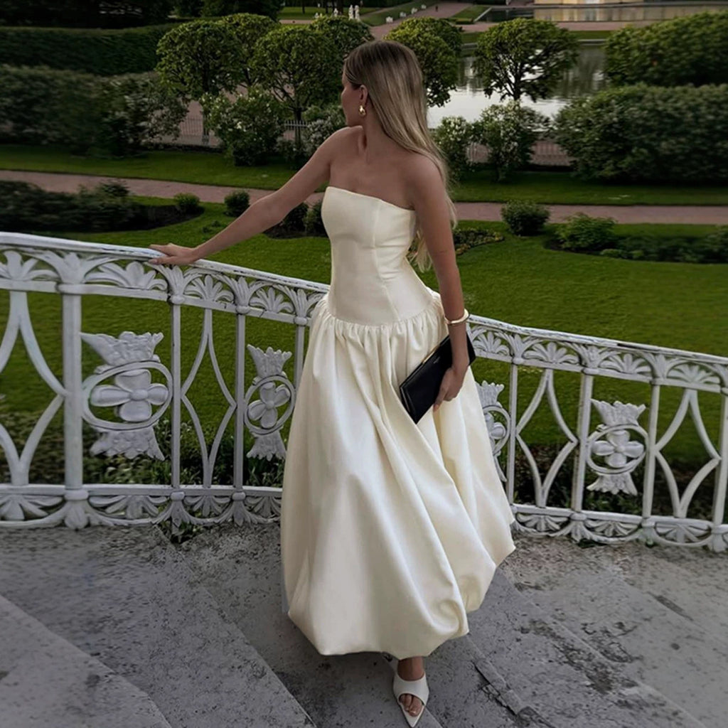 Sexy Tube Top Dress Elegant Sexy Hepburn off Shoulder Puffy Dress