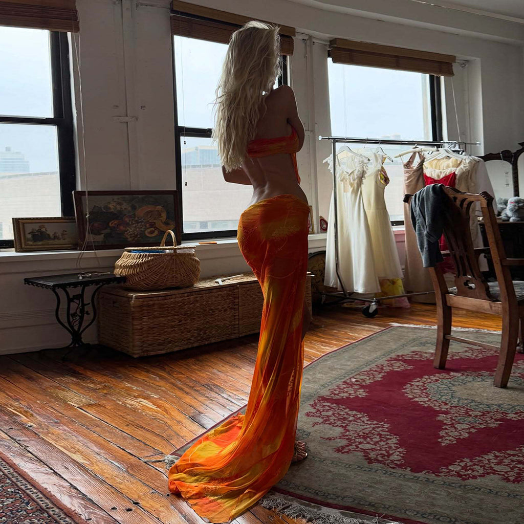 Vestido de primavera para mujer, con tirantes, costuras de personalidad, de malla transparente y abertura sexy.