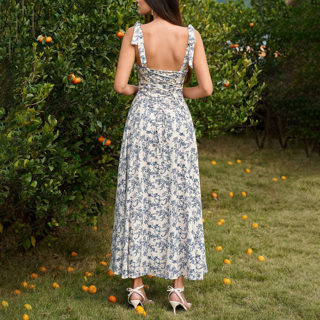Summer Four Sided Stretch Printing Slip Dress Dignified Goddess Backless Waist Trimming Lace up Boning Corset Dress