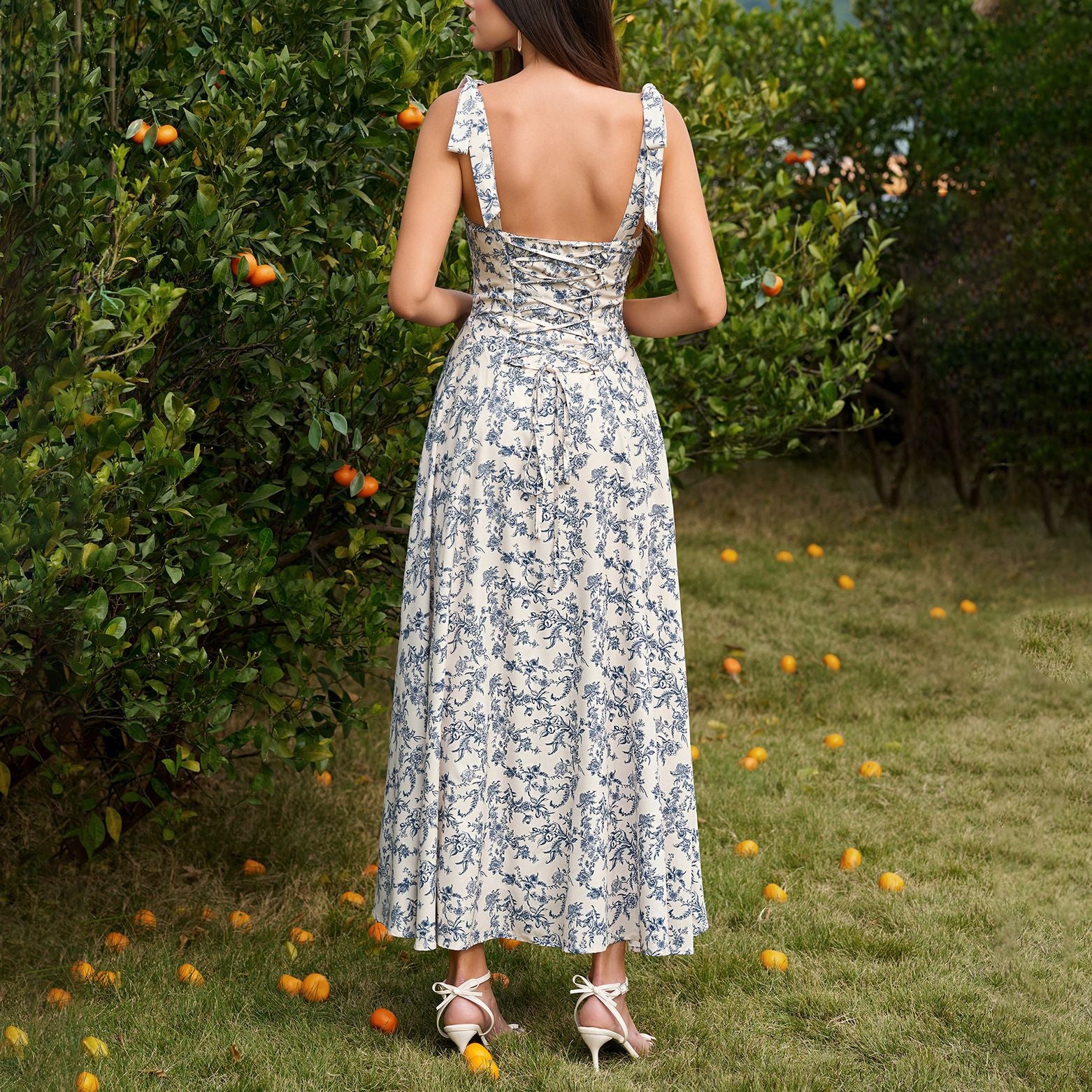 Summer Four Sided Stretch Printing Slip Dress Dignified Goddess Backless Waist Trimming Lace up Boning Corset Dress
