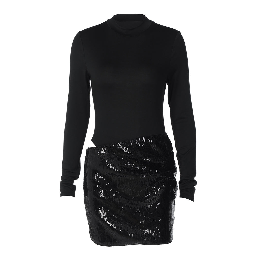 Women Clothing Autumn Winter Sexy Side Hollow Out Cutout out Stitching Slim Long Sleeve Dress