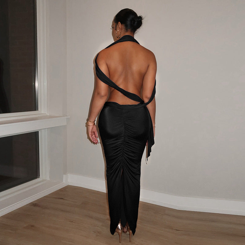 Robe longue sexy plissée, dos nu, sans manches, à ruban, couleur unie, pour femme, collection printemps.