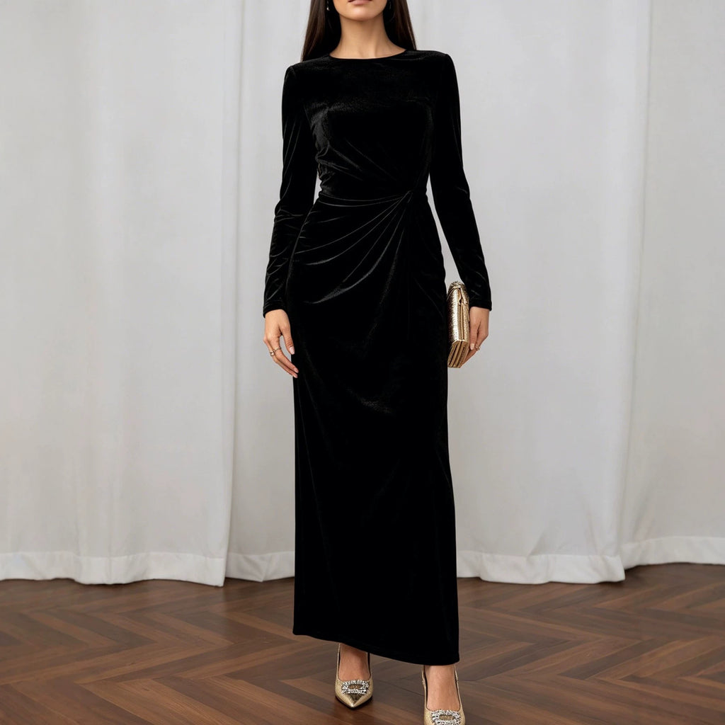 Light Luxury Matte Velvet Maxi Dress Long Sleeve round Neck Twisted Waist Flab Hiding Cocktail Dress