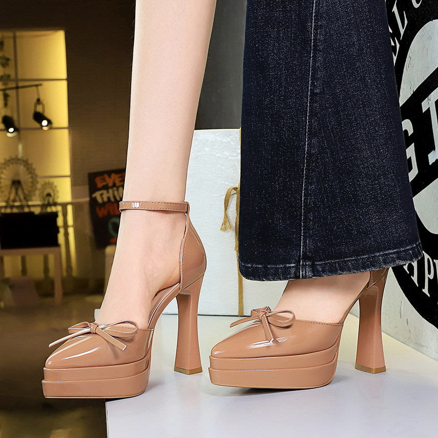 Sexy Double Layer Waterproof Platform Super High Heel Buckle Bow Patent Leather Pointed Toe Hollowed