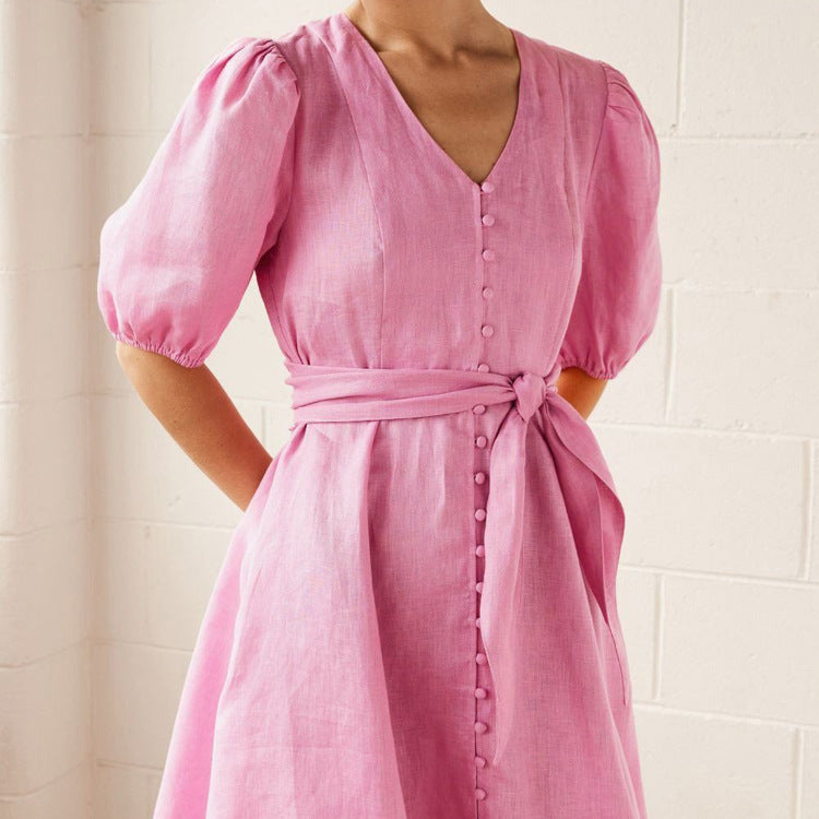 Vestido francés para mujer, escote en V, manga abullonada, botonadura sencilla, con cordones, cintura alta, línea A
