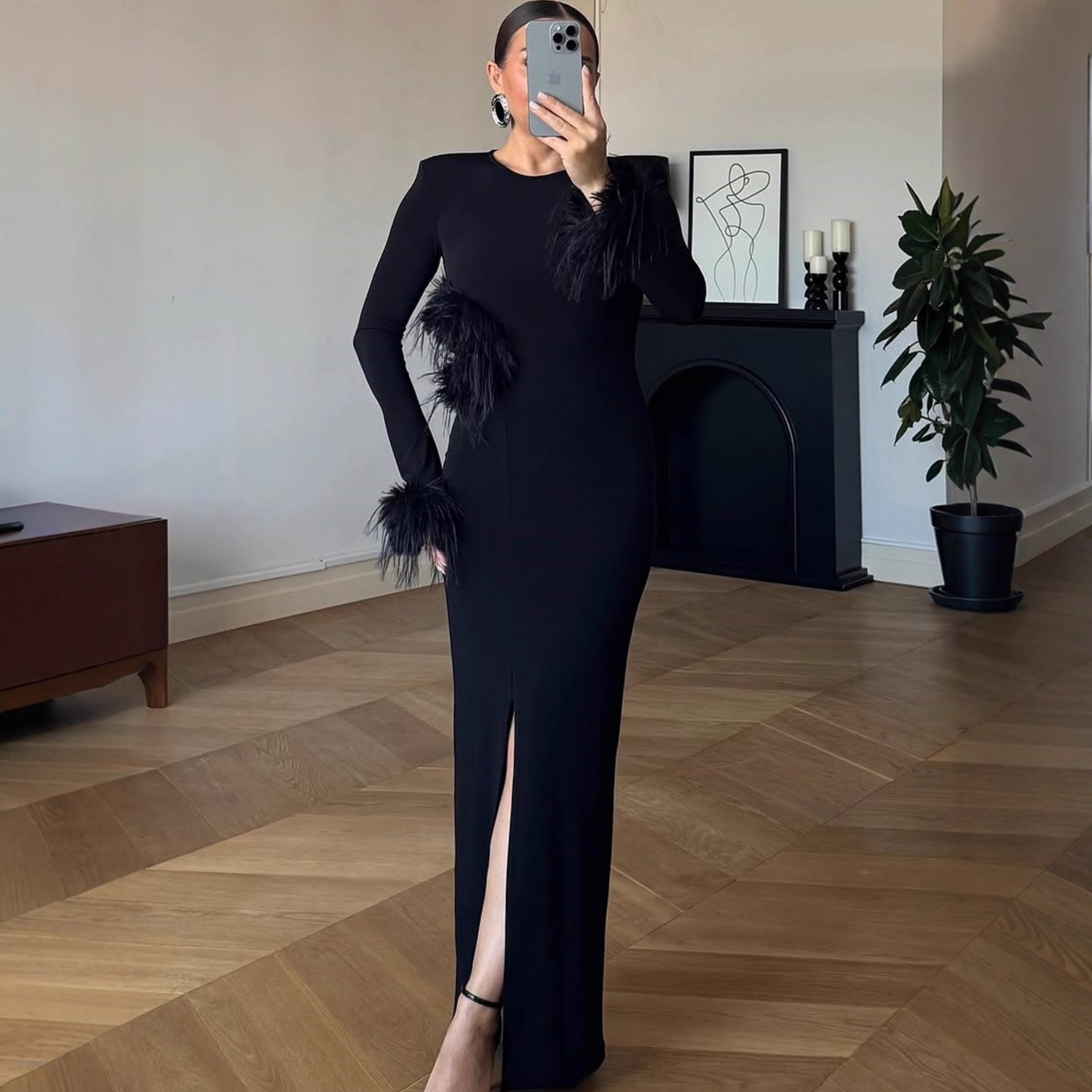Vestido largo para mujer, elegante, con aberturas, ajustado, con plumas, manga larga, para otoño e invierno.