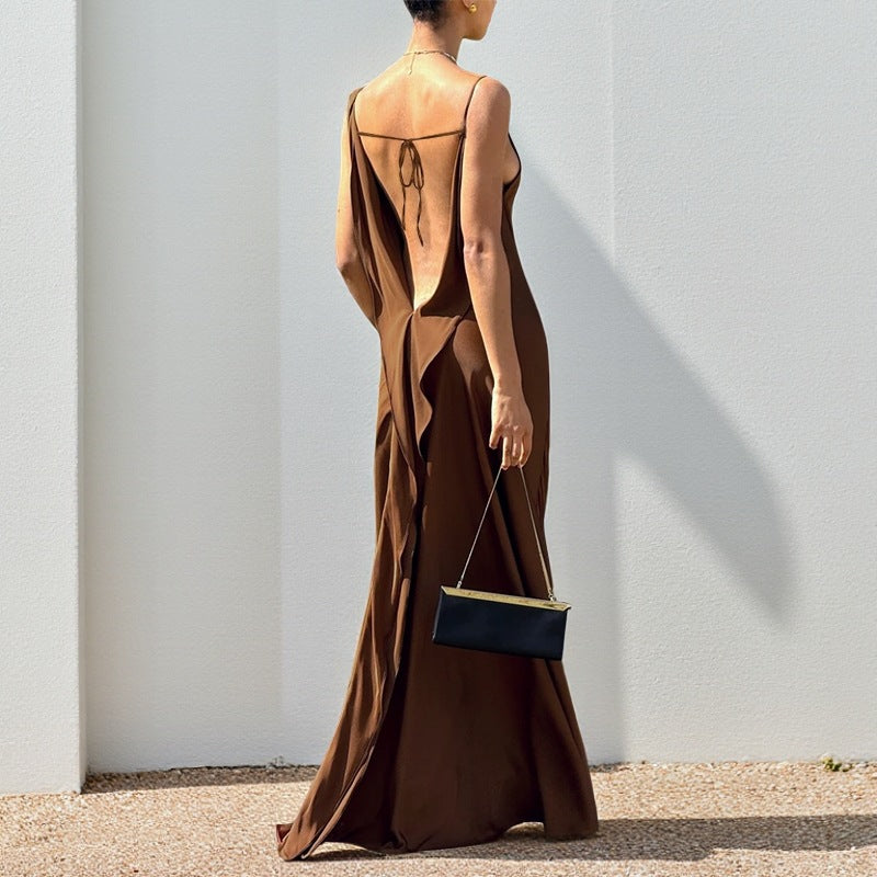 Summer Slim Fit Maxi Dress Autumn Casual Strap Satin Dress for Women