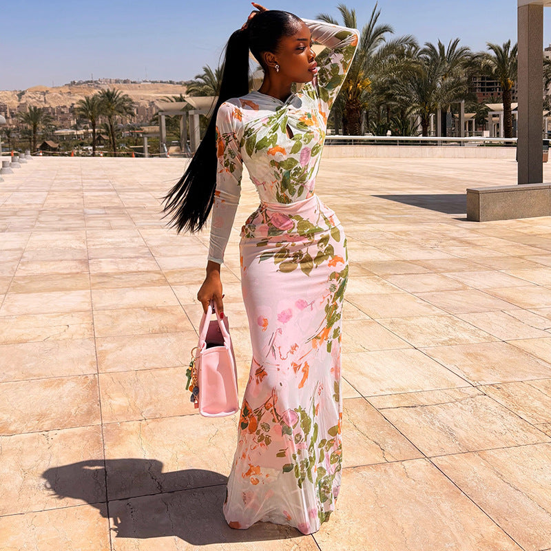 Waist Controlled Women Clothing Ladies Cocktail Hip Dress All Matching High Neck Long Sleeve Holiday Dress
