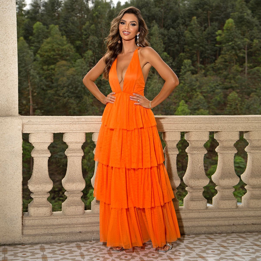 Summer Long V neck Plush Collar Backless Hem Mesh Pleats Backless Cami Dress