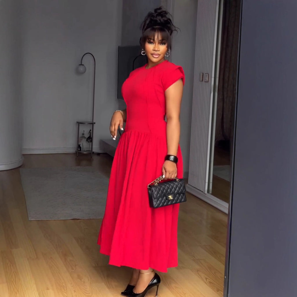 Elegant Elastic Waist Tightening Pleated Flounced Sleeve Lace Dress